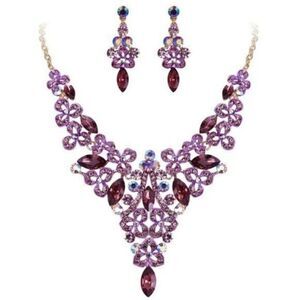 Yellow Gold with Amethyst Austrian Crystal Flower Bib Necklace and Earrings Set